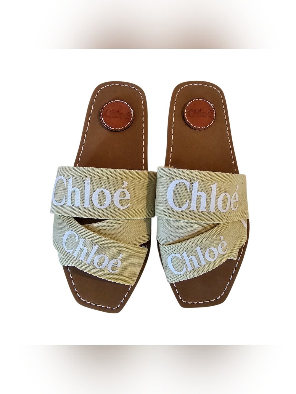 Chloe Woody Flat Mule Slide Sandals Canvas Logo Beige Tan EU 41 US 11